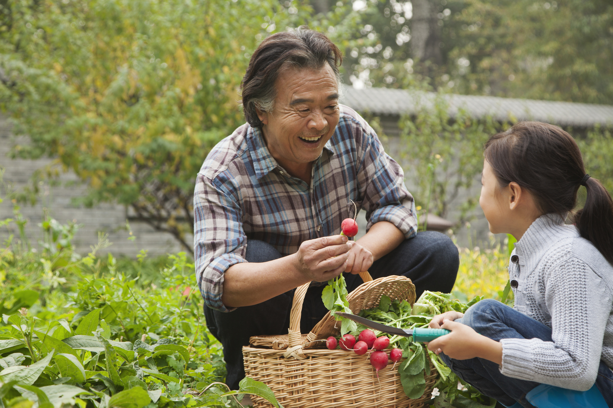 Grandfather and granddaughter garden